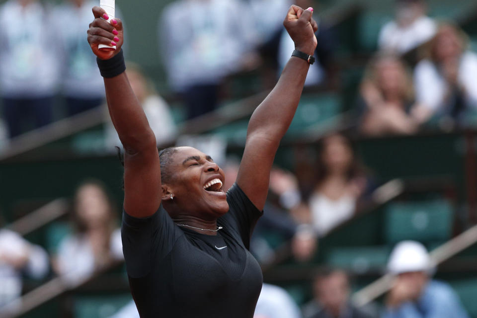 Serena Williams was elated when she won her round two match against Ashleigh Barty at the French Open. (AP Photo/Thibault Camus)