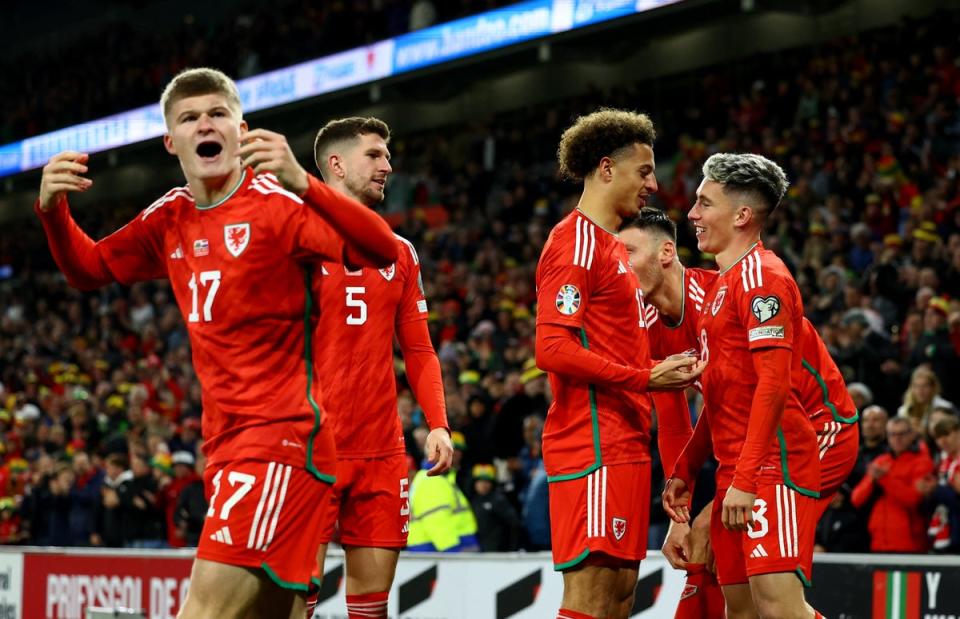 Wales celebrate after Wilson’s goals against Croatia (REUTERS)