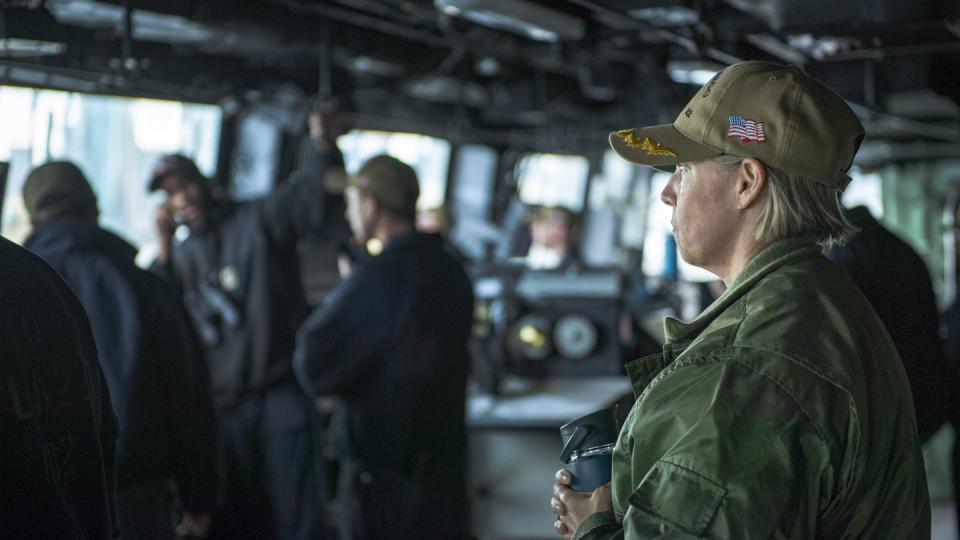Capt. Amy Bauernschmidt observes sea and anchor detail on the bridge of the USS San Diego in 2020. (MC1 Benjamin K. Kittleson/U.S. Navy)