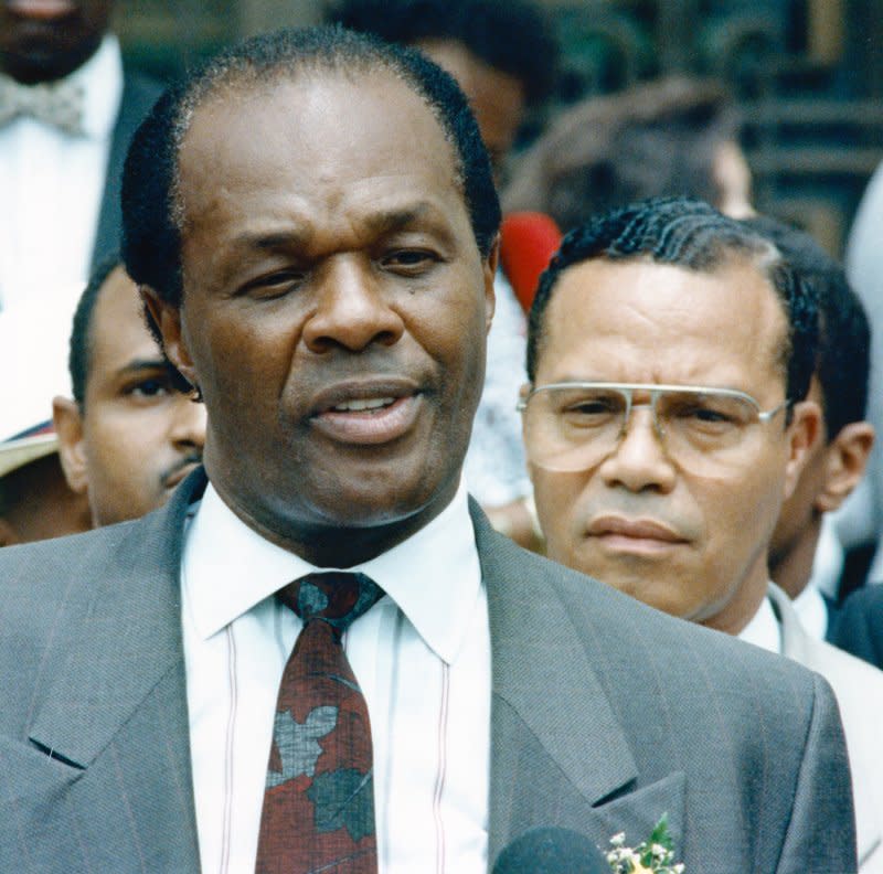 District of Columbia Mayor Marion Barry talks to people outside the courtroom during the lunch break at his continuing trial on July 17, 1990. On January 18, 1990, authorities arrested Washington, D.C., Barry on narcotics charges after he was caught on camera smoking crack cocaine by a woman who agreed to record him in exchange for a reduced sentence on a previous charge. File Photo by Bruce Young/UPI