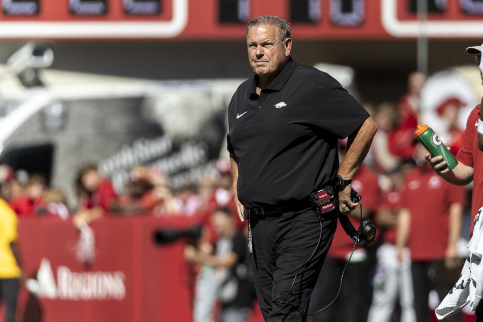 Arkansas head coach Sam Pittman looks on in a timeout on Alabama's final drive during the second half of an NCAA college football game, Saturday, Oct. 14, 2023, in Tuscaloosa, Ala. (AP Photo/Vasha Hunt)