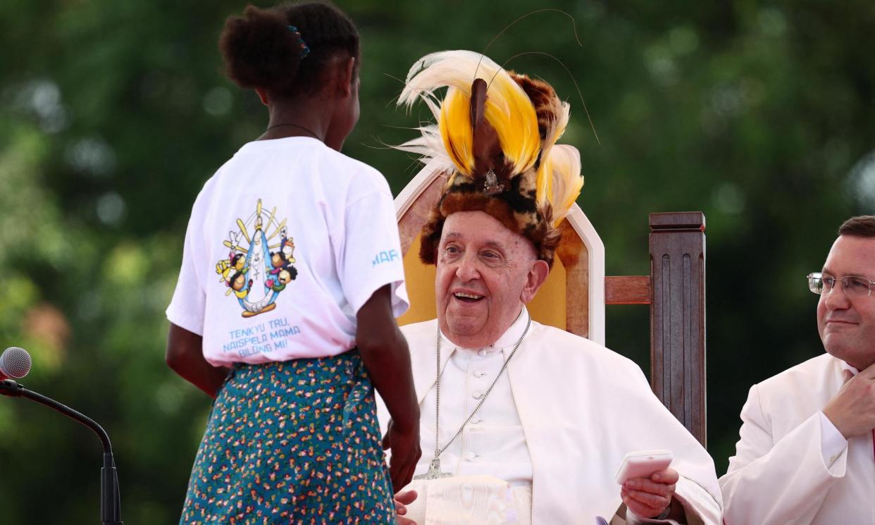 <span>Pope Francis meets with the faithful of the diocese of Vanimo at the esplanade in front of the Holy Cross Cathedral in Vanimo, Papua New Guinea.</span><span>Photograph: Guglielmo Mangiapane/Reuters</span>