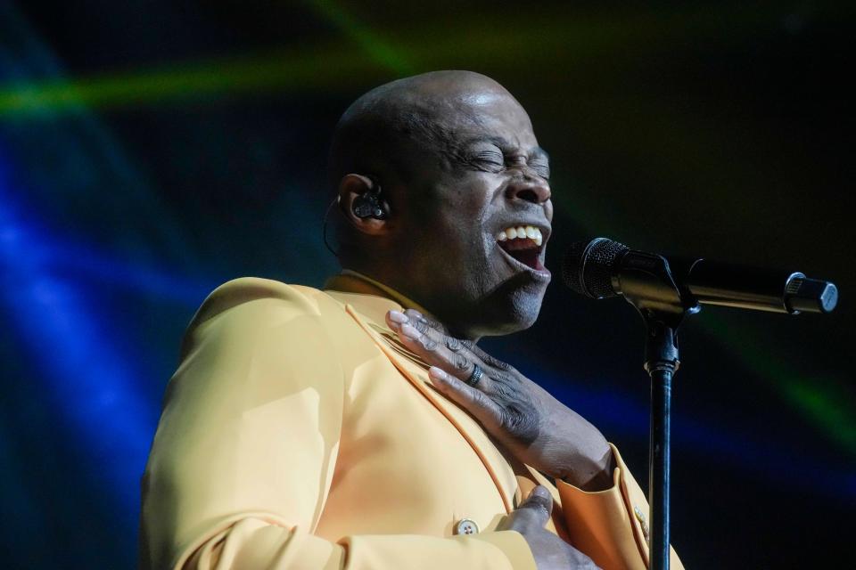 KEM performs “Share my Life,” “Love Calls” “If it’s Love,” “Lie to Me,” “Heaven,” and a few other songs Saturday, April 15, 2023, at UWM Panther Arena in Milwaukee.