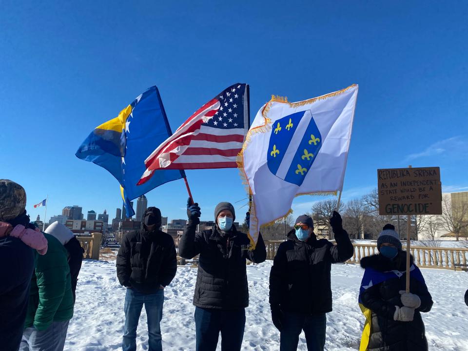 About 100 people gathered on Jan. 22 in front of the Iowa State Capitol for a peace rally for Bosnia and Herzegovina.