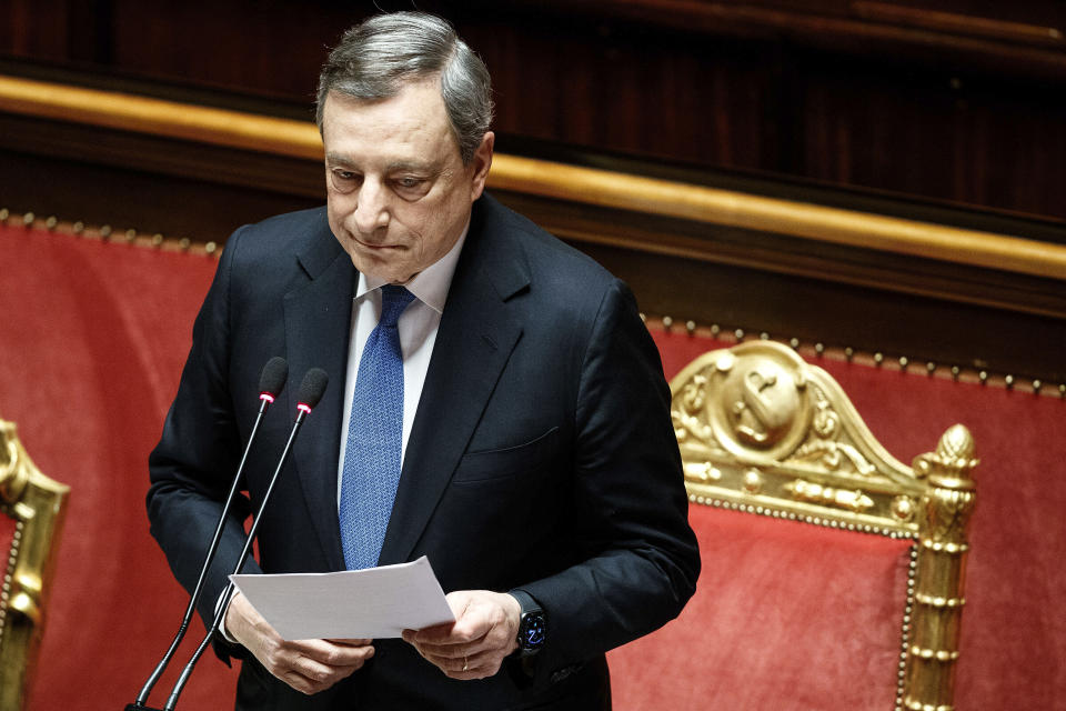 FILE - Italian Premier Mario Draghi addresses the Senate in Rome, Tuesday, June 21, 2022. Italy has seen dozens of governments since the end of World War II, so it's very accustomed to political crises, but the tumult now roiling its political parties is playing out differently as Premier Mario Draghi's future as the nation's leader hangs in the balance. (Roberto Monaldo/LaPresse via AP, File)
