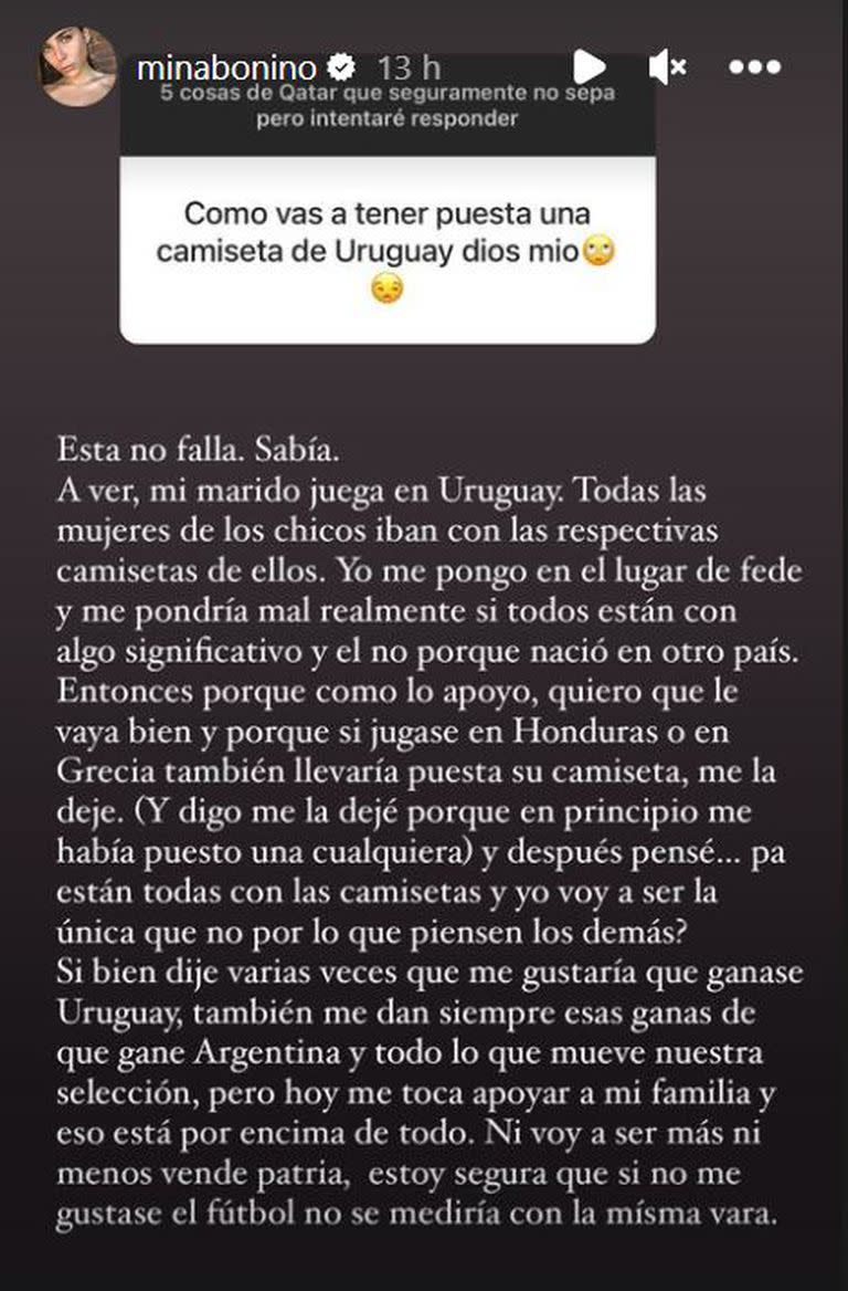 La respuesta de Mina Bonino a un seguidor de su Instagram