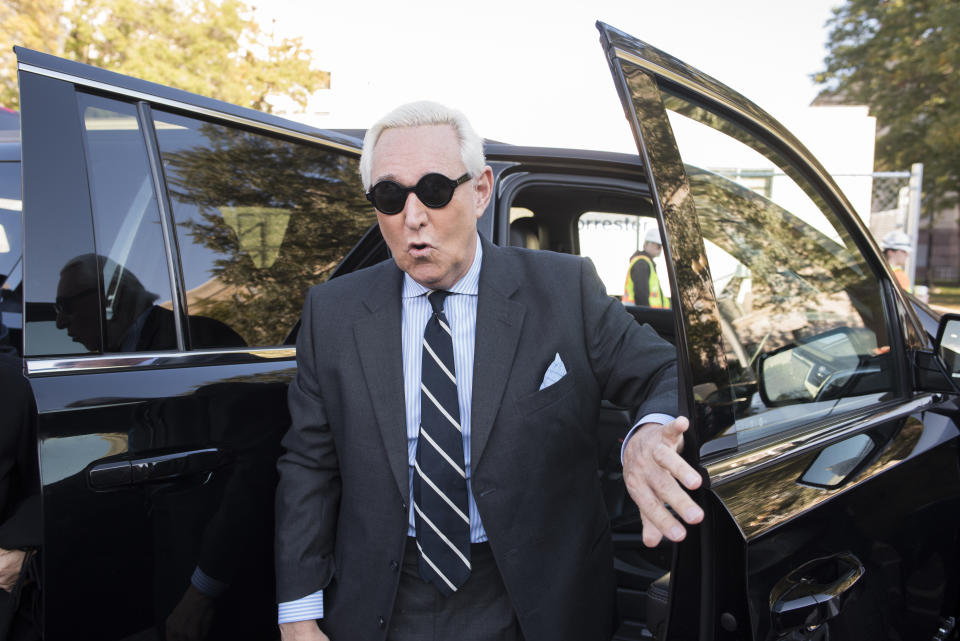 Roger Stone arrives at Federal Court for the second day of jury selection for his federal trial, in Washington, Wednesday, Nov. 6, 2019. Stone, a longtime Republican provocateur and former confidant of President Donald Trump, goes on trial over charges related to his alleged efforts to exploit the Russian-hacked Hillary Clinton emails for political gain. (AP Photo/Cliff Owen)