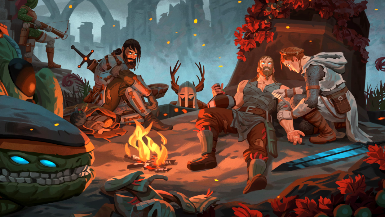  Several adventurers from Valheim gather in an accursed locale in the Ashlands, with one wounded viking being tended to by his compatriot amidst the smoke and ash. 