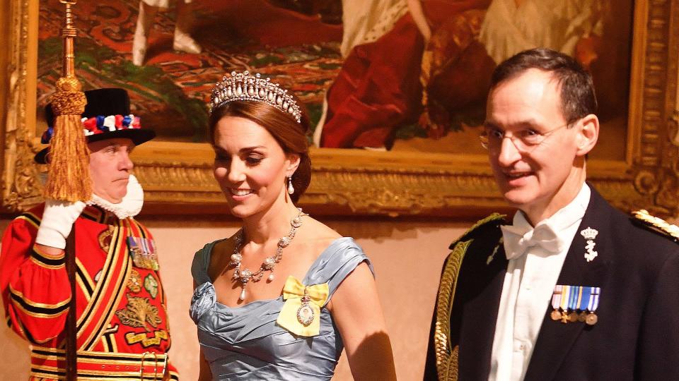 Kate Middleton in a blue taffeta gown at a state banquet 