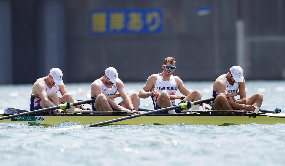 Great Britain’s Oliver Cook, Matthew Rossiter, Rory Gibbs and Sholto Carnegie react to finishing fourth in the Men’s Four (PA Wire)