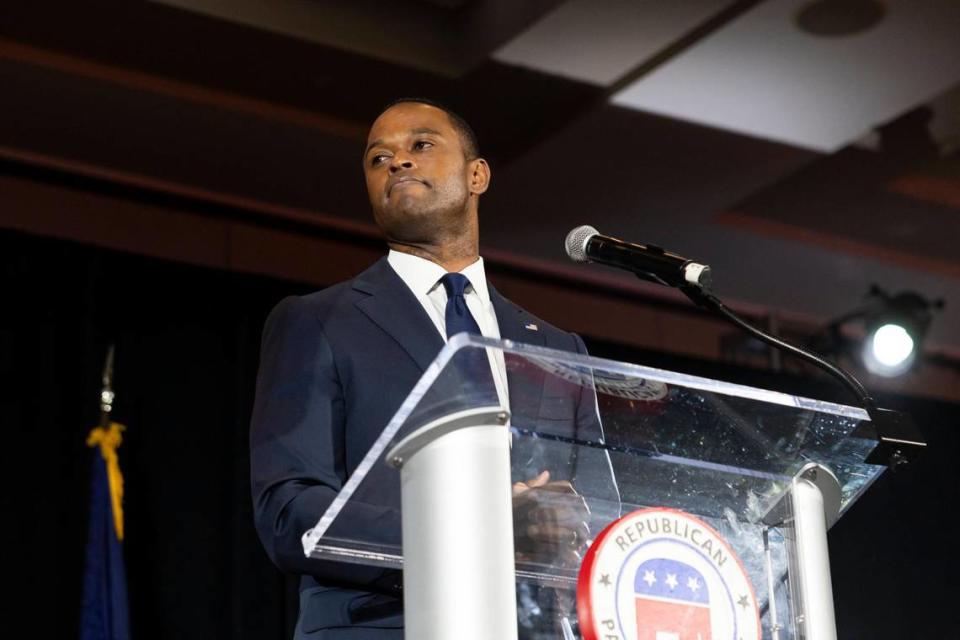 Republican gubernatorial candidate Daniel Cameron gives his concession speech after the election was called at the Louisville Marriott in Louisville, Ky, Tuesday, November 7, 2023.