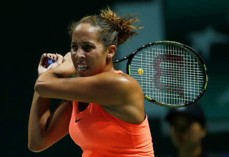 Tennis - Singapore WTA Finals Singles - National Indoor Stadium, Singapore - 23/10/16 - Madison Keys of the U.S. in action against Simona Halep of Romania. REUTERS/Edgar Su