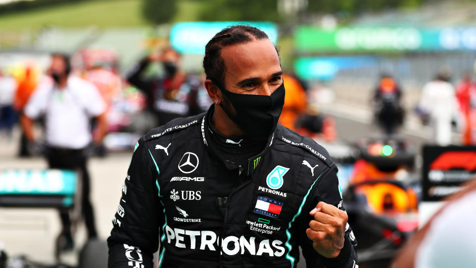 BUDAPEST, HUNGARY - JULY 19: Race winner Lewis Hamilton of Great Britain and Mercedes GP celebrates in parc ferme after the Formula One Grand Prix of Hungary at Hungaroring on July 19, 2020 in Budapest, Hungary. (Photo by Dan Istitene - Formula 1/Formula 1 via Getty Images)