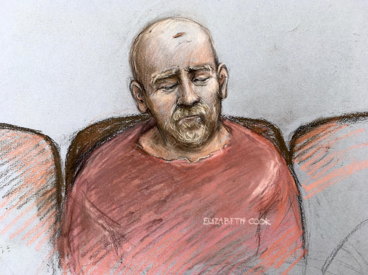 Court artist sketch by Elizabeth Cook of serving police constable Wayne Couzens, making his first appearance at the Old Bailey by video link from Belmarsh top security jail in south London, where he is charged with the murder and kidnapping of Sarah Everard. Picture date: Tuesday March 16, 2021. The police officer is due to go on trial in the autumn for the kidnap and murder of Sarah Everard. Pc Wayne Couzens, 48, is accused of snatching the 33-year-old marketing executive as she walked home from a friend�s flat in Clapham, south London, on the evening of March 3.