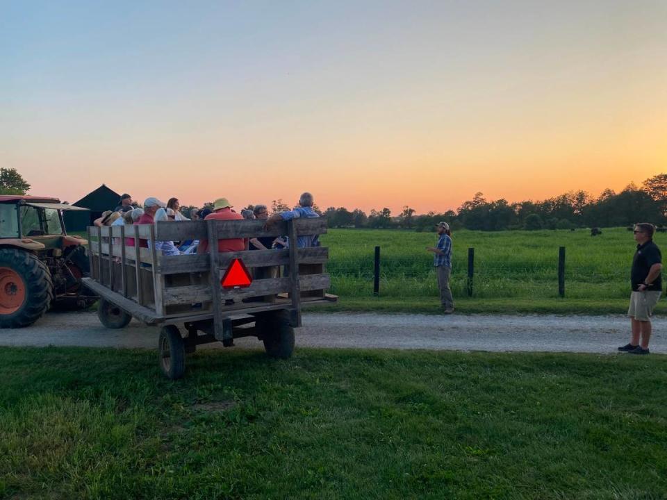 Dylan Kennedy, a Kentucky farmer and field lead for a Mt. Folly Farm USDA grant, teaches a farm tour about rotational grazing at Clark County’s Mt. Folly Farm.