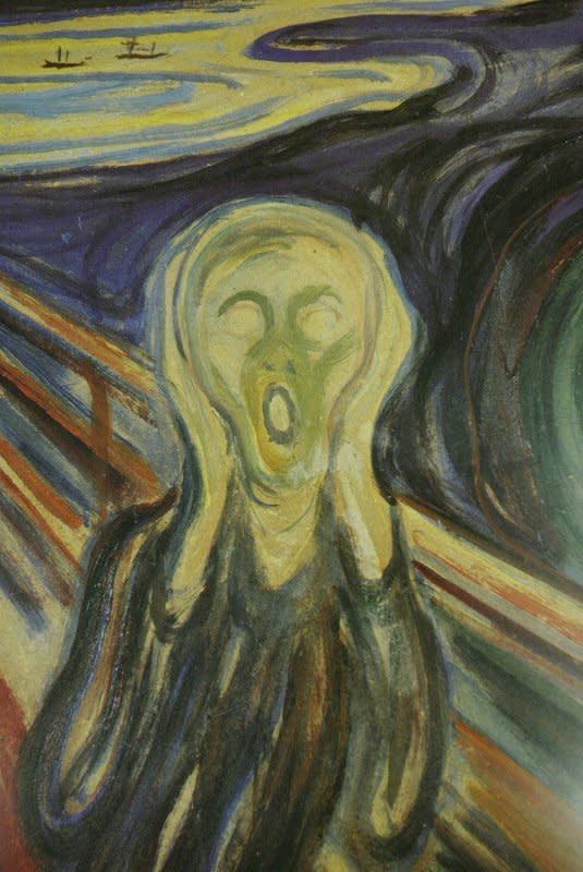 On May 7, 1994, "The Scream," Edvard Munch's famed expressionist painting, was found in a hotel room south of the Norwegian capital of Oslo three months after it was stolen. File Photo by Bill Greenblatt/UPI