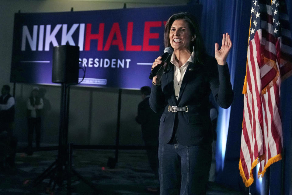 FILE - Republican presidential candidate former UN Ambassador Nikki Haley addresses a gathering during a campaign rally, Jan. 19, 2024, in Manchester, N.H. Haley used her speech to step up her questions about Republican presidential candidate former President Donald Trump's mental fitness, highlighting her calls for mental competency tests for politicians — her way to point to both Trump's and President Joe Biden's ages (77 and 81, respectively). (AP Photo/Charles Krupa, File)