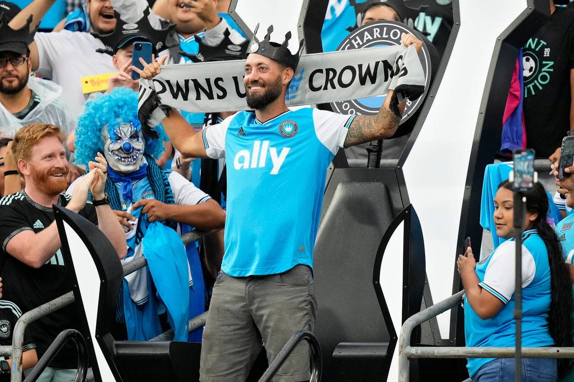 Charlotte, North Carolina, USA; Former USMNT player Clint Dempsey is crowned during the honorary coronation during the first half between the Charlotte FC and the Chicago Fire at Bank of America Stadium.