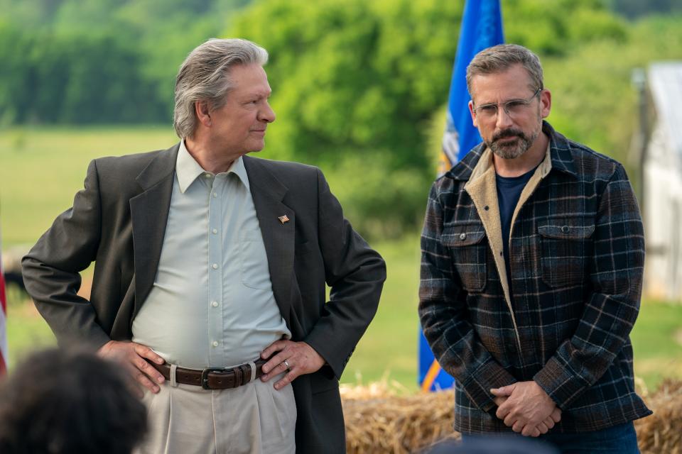 Retired Marine colonel Jack Hastings (Chris Cooper, left) runs for mayor of his small Wisconsin town with the help of Gary Zimmer (Steve Carell) in "Irresistible," written and directed by Jon Stewart.
