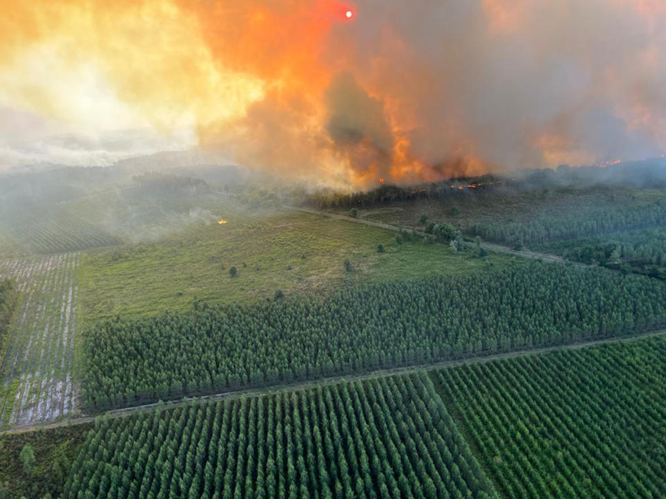 This photo provided by the fire brigade of the Gironde region (SDIS 33) shows a wildfire near Landiras, southwestern France, Sunday July 17, 2022. Firefighters battled wildfires raging out of control in France and Spain on Sunday as Europe wilted under an unusually extreme heat wave that authorities in Madrid blamed for hundreds of deaths. (SDIS 33 via AP)