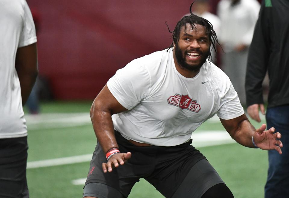 Mar 30, 2022; Tuscaloosa, AL, USA;  Alabama offensive lineman Chris Owens (79) runs through a drill for NFL scouts during the University of Alabama Pro Day at Hank Crisp Indoor Facility. Mandatory Credit: Gary Cosby Jr.-USA TODAY Sports