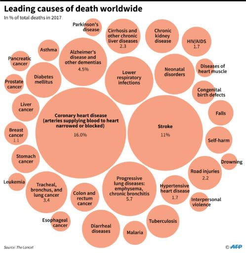 Leading causes of death, in percentage of total global deaths in 2017, according to figures published in the Lancet medical journal