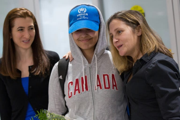 Canadian Minister for Foreign Affairs Chrystia Freeland (R) said Rahaf Mohammed al-Qunun, 18, is "very, very happy" to be in Canada which gave her asylum after she fled her Saudi homeland