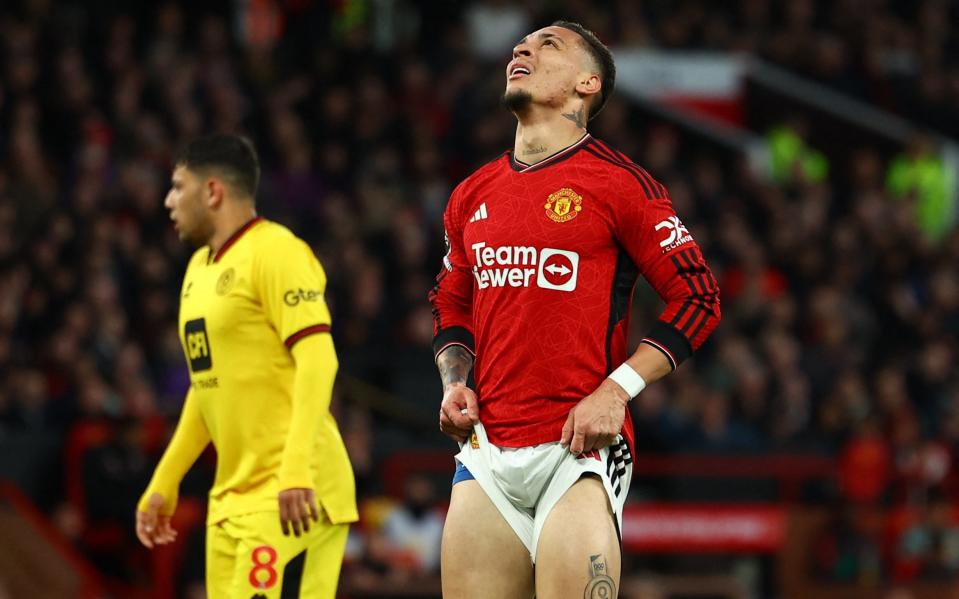 Soccer Football - Premier League - Manchester United v Sheffield United - Old Trafford, Manchester, Britain - April 24, 2024 Manchester United's Antony reacts