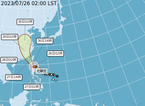 杜蘇芮預計今明兩天影響台灣，各縣市陸續宣布是否放颱風假。（圖／翻攝自中央氣象局）