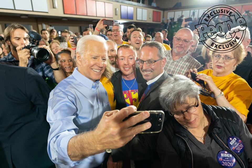 Biden takes selfies with supporters at the Teamsters Temple in Pittsburgh on April 29, 2019, after launching his 2020 campaign for president.