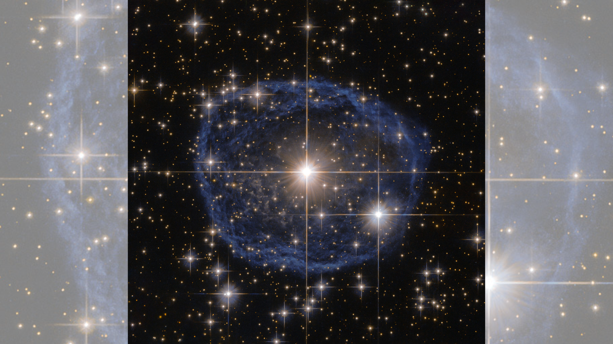  A transparent blue bubble in space with a bright star shining in the center 