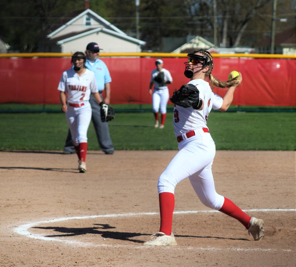 Monroe's Avery Collett pitches against Bedford on Tuesday, May 9, 2022.