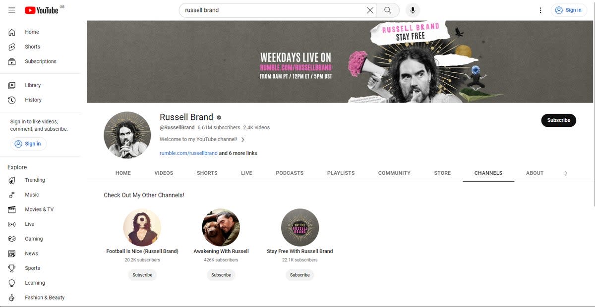 Brand’s channel has millions of followers (YouTube/PA Wire)