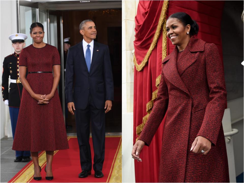 Side by side of Barack Obama and Michelle in a brugundy-red short sleeved dress with a black belt and heels next to her wearing a matching burgundy coat.