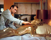 <a href="http://movies.yahoo.com/movie/goldfinger/" data-ylk="slk:GOLDFINGER;elm:context_link;itc:0;sec:content-canvas" class="link ">GOLDFINGER</a> (1964) <br>Directed by: <span>Guy Hamilton</span> <br>Starring: <span>Sean Connery</span> and <span>Honor Blackman</span>