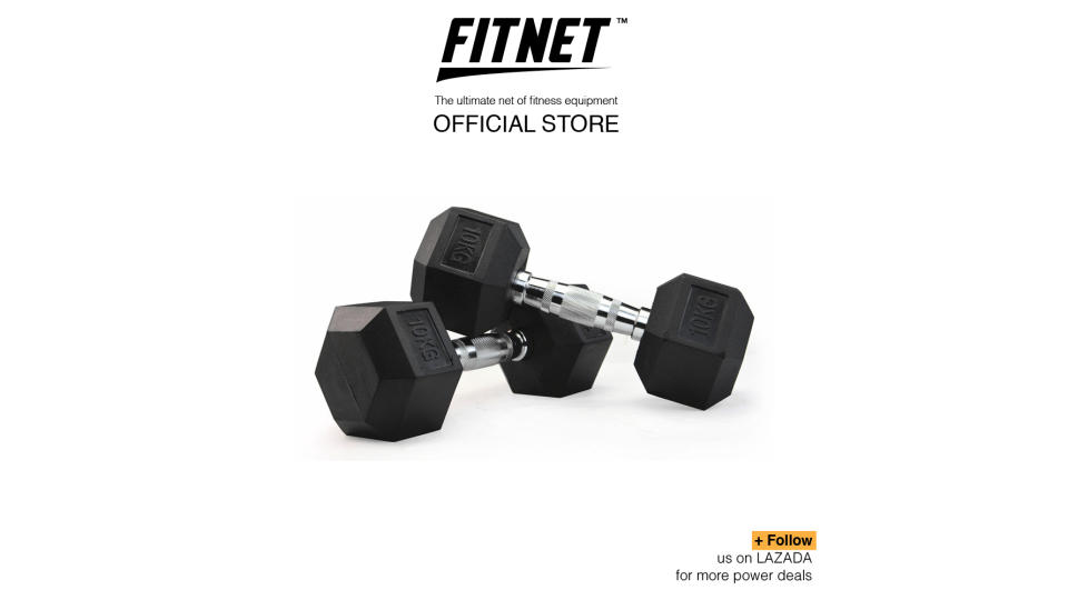 Fitnet Rubber-coated Hex Dumbbell With Contoured Chrome Handle. (Photo: Lazada SG)