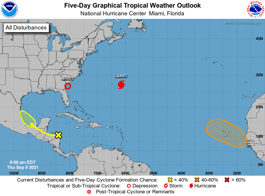 The National Hurricane Center charts the locations of Mindy and Larry as of 8 a.m. Sept. 9.