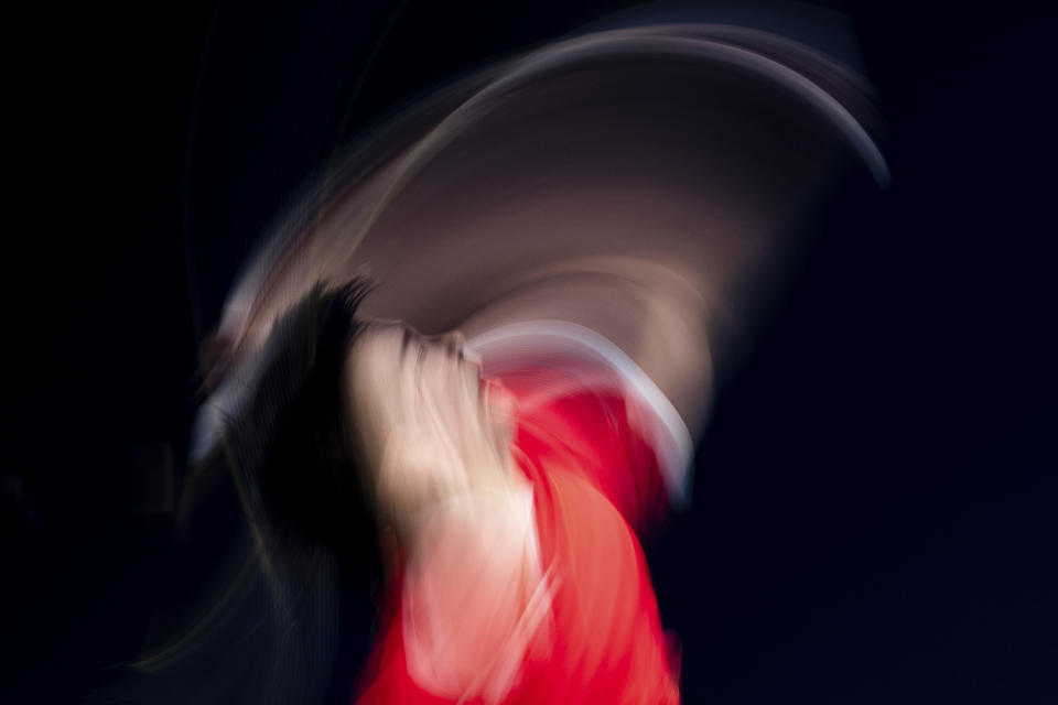 China's He Bingjiao competes during the women's team gold medal match at the 19th Asian Games in Hangzhou, China, Sunday, Oct. 1, 2023. (AP Photo/Louise Delmotte)