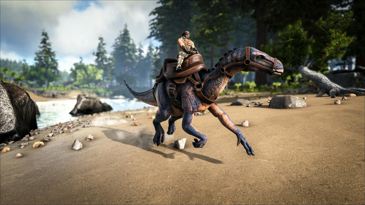   Ark cheats — a player rides a saddled saddled hadrosaur. 