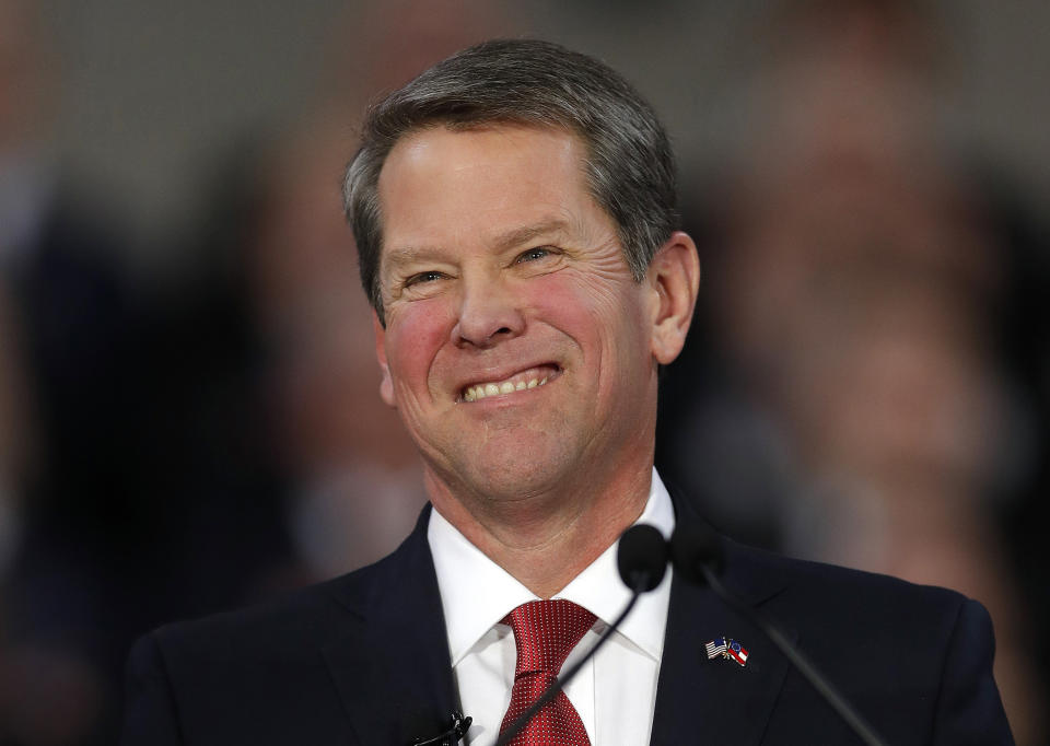 FILE - In this Jan. 14, 2019, file photo, Gov. Brian Kemp speaks after being sworn in as Georgia's governor during a ceremony at Georgia Tech's McCamish Pavilion in Atlanta. Kemp has delayed an annual trip to Los Angeles to promote Georgia’s film industry as movie executives, producers and actors criticize the state’s new abortion ban. (AP Photo/John Bazemore, File)