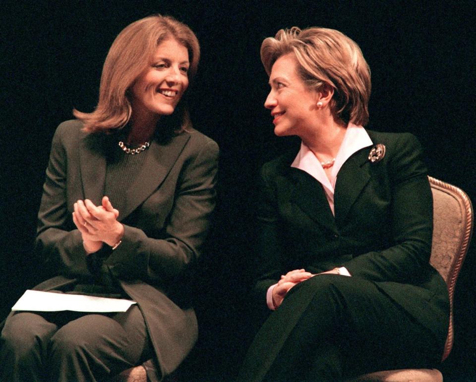 <p>Then US First Lady and New York Democratic senate candidate Hillary Rodham Clinton chats with Caroline at a New York Women for Hillary event. </p>