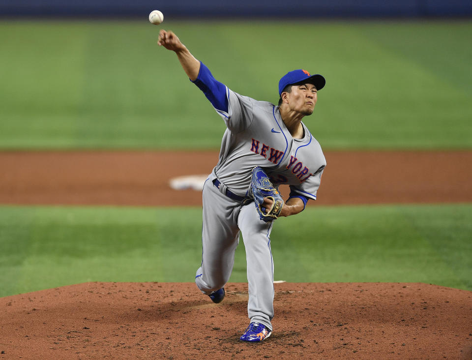 New York Mets starting pitcher Kodai Senga delivers a pitch to Miami Marlins' Joey Wendle during the second inning of a baseball game Sunday, April 2, 2023, in Miami. (AP Photo/Michael Laughlin)