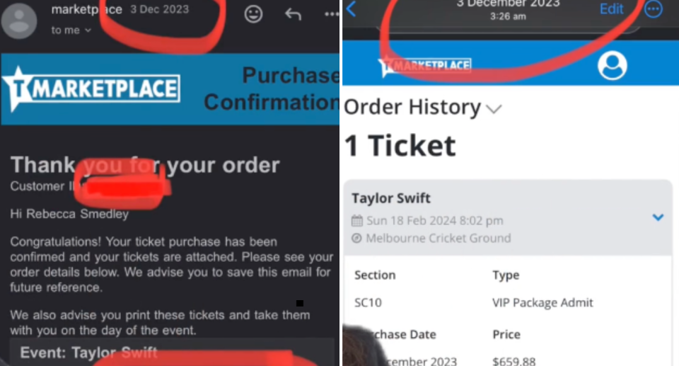 Screenshots of Rebecca's Taylor Swift Eras Tour ticket and email confirmation from the day she purchased.