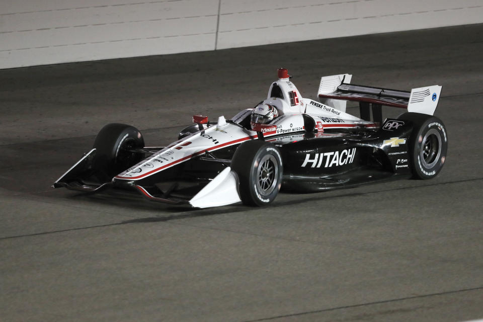 Josef Newgarden races his car during the IndyCar Series auto race Saturday, July 20, 2019, at Iowa Speedway in Newton, Iowa. (AP Photo/Charlie Neibergall)