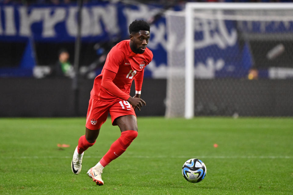 NIIGATA, JAPAN - OCTOBER 13: Alphonso Davies of Canada in action during the international friendly match between Japan and Canada at Denka Big Swan Stadium on October 13, 2023 in Niigata, Japan. (Photo by Kenta Harada/Getty Images)