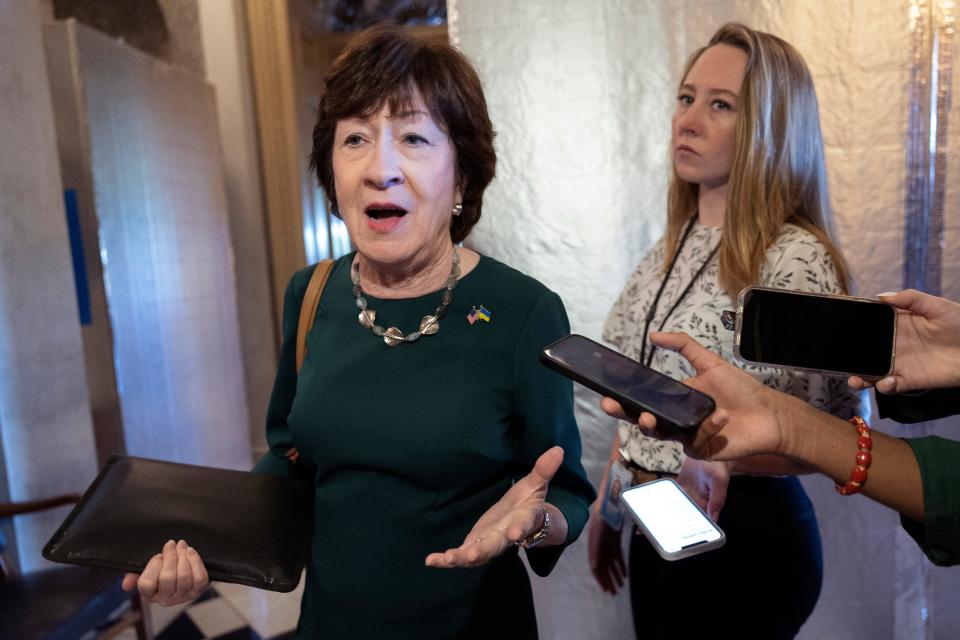 U.S. Sen. Susan Collins, R-ME, talks to reporters prior to a Republican policy luncheon at the U.S. Capitol on May 10, 2022 in Washington, DC. The Senators were meeting to discuss an aid package to Ukraine and the vote to codify the federal right to an abortion.