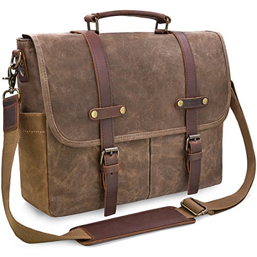 Mens Messenger Bag 15.6 Inch Waterproof Vintage Genuine Leather Waxed Canvas Briefcase Large Satchel Shoulder Bag Rugged Leather Computer Laptop Bag, Brown (Amazon / Amazon)