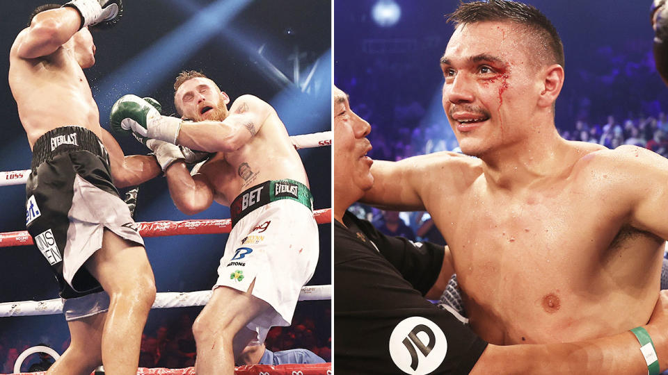 Tim Tszyu, pictured here after finishing Dennis Hogan in the fifth round.