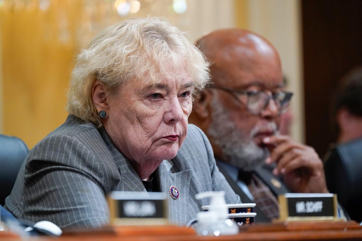 Rep. Zoe Lofgren, D-Calif., left, and Chairman Bennie Thompson, D-Miss., listen as the House select committee investigating the Jan. 6 attack on the U.S. Capitol holds a hearing at the Capitol in Washington, June 28, 2022. 