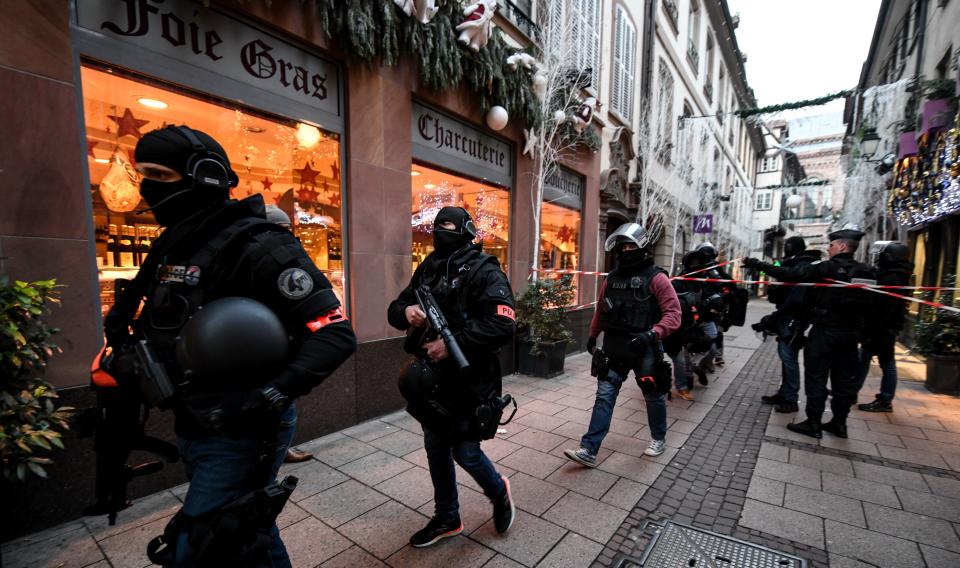 Members of the French National Police BRI (Research and Intervention Brigade) during their search for a suspect following a deadly shooting that took place at a Christmas market in Strasbourg, France, Dec. 12, 2018. (Photo: Patrick Seeger/EPA-EFE/REX/Shutterstock)